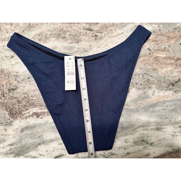 J Crew Bikini Bottom Womens M Navy Blue Textured Curved Waist Cheeky High Legs - Picture 3 of 5